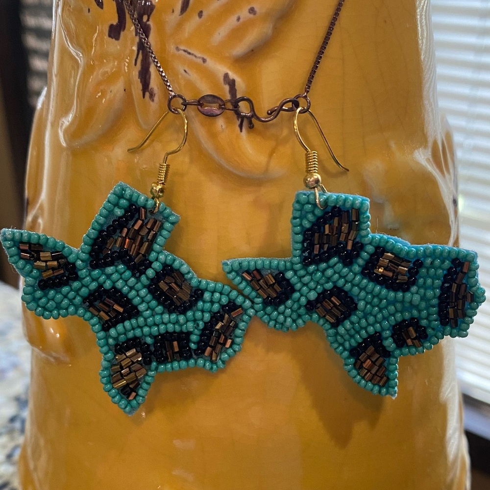 Turquoise Leopard Seed Bead Texas Earrings
